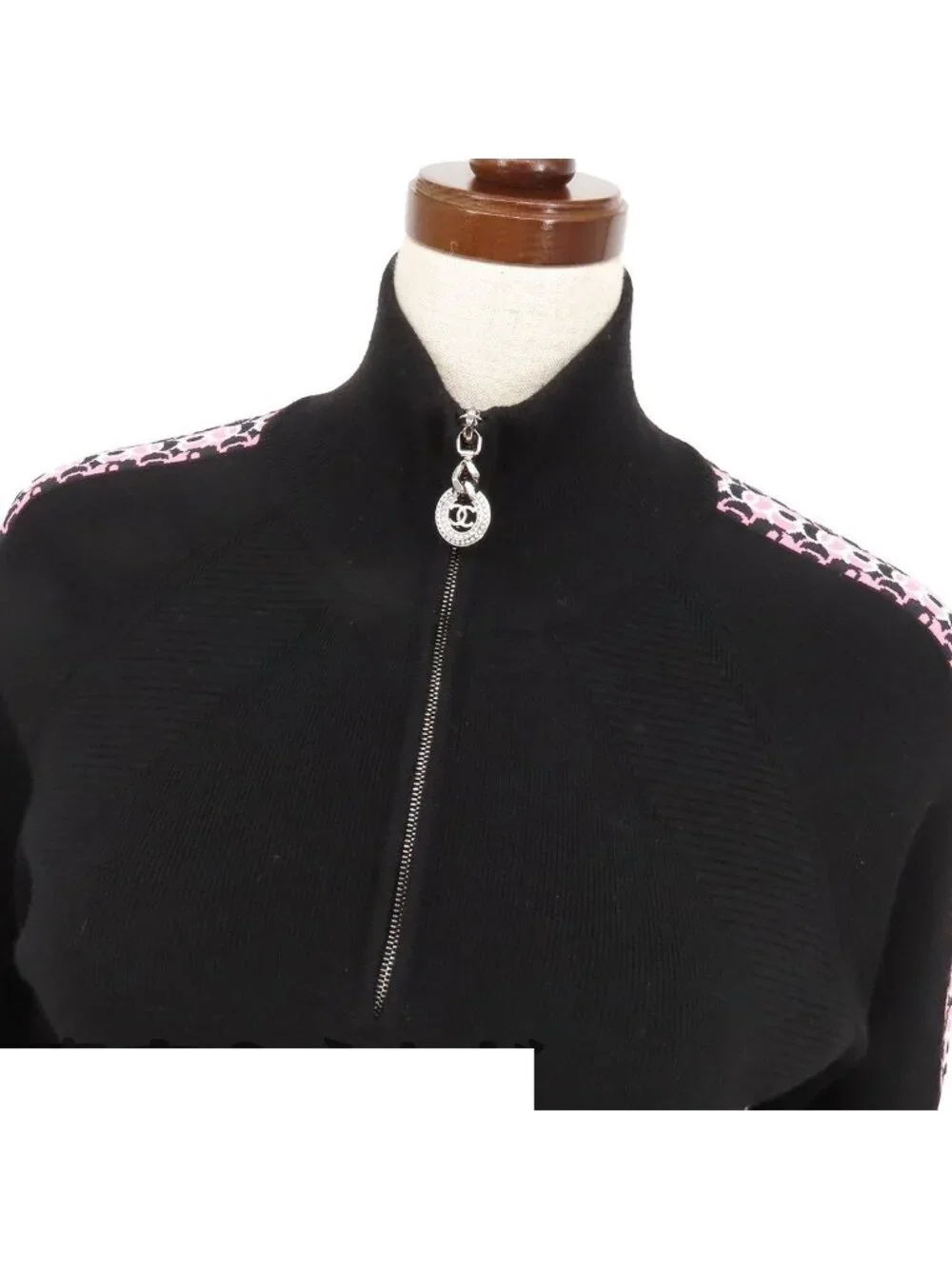 Chanel Knit Dress Black Pink Wool Polyester Polyamide Elastane Half Zip 36